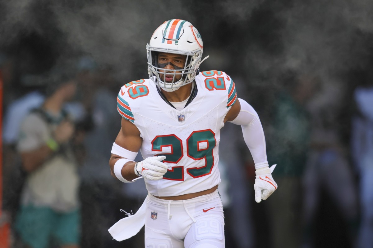 Miami Dolphins safety Brandon Jones (29) takes on the field prior to the game against the New England Patriots at Hard Rock Stadium.